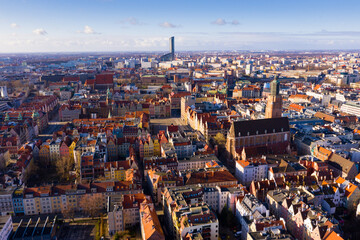 Aerial view of Wroclaw with Market Square in Poland with old buildings