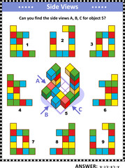 Educational math puzzle with building blocks: Can you find the side views A, B, C for object 5? Answer included.
