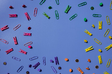 Empty frame border of school stationery supplies. Copy space for your text or Educational greeting announcement for students and teacher. Top view flat lay Creative vivid colorful background. Concept