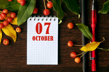 calendar date on wooden dark desktop background with autumn leaves and small apples.  October 7 is...