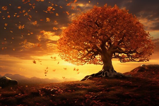 &Aacute;rbol en oto&ntilde;o con sus hojas cayendo al amanecer