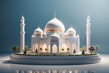 Fototapeta na wymiar Celebration of islamic white mosque miniature 3d rendering in blank background
