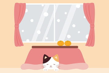 vector background with a Japanese cat curled up under a Kotatsu for banners, cards, flyers, social media wallpapers, etc.
