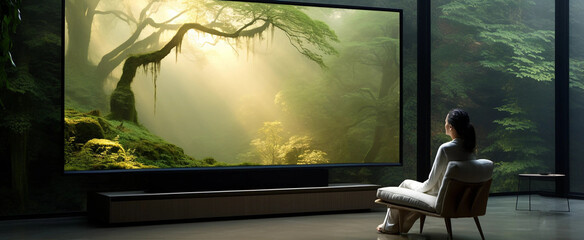 A Woman Seated Within a Room Watching a Jungle Environment on a Large Widescreen Television
