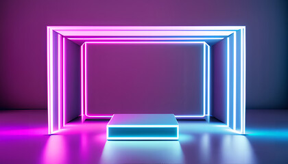 Abstract Neon Showcase: Minimal Cube Podium in Vibrant Glow Mock up template for product presentation. 3D rendering. copy text space background wallpaper