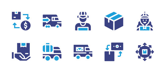 Delivery icon set. Duotone color. Vector illustration. Containing delivery box, cash on delivery, fast delivery, delivery boy, delivery truck, delivery woman, delivery, parcel, box.