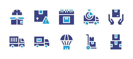 Delivery icon set. Duotone color. Vector illustration. Containing delivery, deliver, delivery truck, important, calendar, package, speedometer, parachute, packing.
