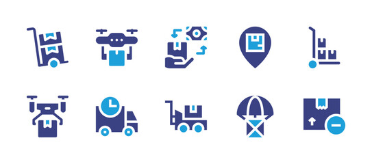 Delivery icon set. Duotone color. Vector illustration. Containing delivery, drone delivery, delivery truck, trolley, remove, pay, location, box.