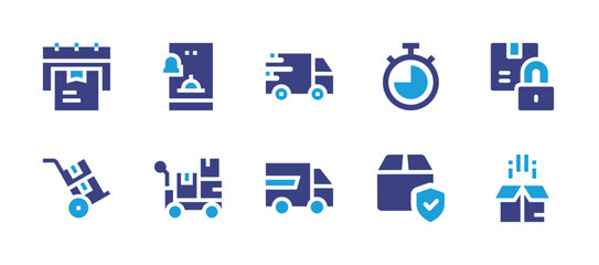 Fototapeta na wymiar Delivery icon set. Duotone color. Vector illustration. Containing van, timer, delivery truck, secure, delivery, food delivery, trolley, padlock, package.