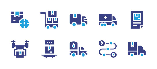 Delivery icon set. Duotone color. Vector illustration. Containing delivery truck, delivery, truck, product, lead time, trolley, drone, weight scale.