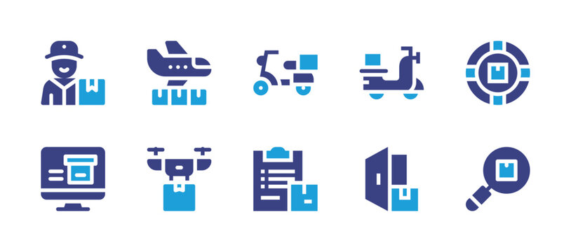 Delivery icon set. Duotone color. Vector illustration. Containing delivery, delivery bike, delivery man, delivery plane, drone delivery, parcel, magnifying glass.