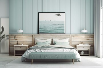 Coastal-style bedroom interior background in a home mockup, presented as a 3D render. Generative AI