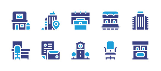 Office icon set. Duotone color. Vector illustration. Containing post office, workplace, ticket office, office, office chair, branding, town hall.