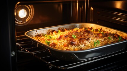 Chicken Biryani with rice and vegetables in the oven