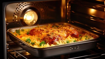 Chicken Biryani with rice and vegetables in the oven
