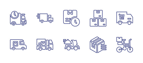 Delivery line icon set. Editable stroke. Vector illustration. Containing pre order, delivery box, scooter, shipping, delivery truck, delivery van, delivery bike.