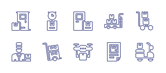 Delivery line icon set. Editable stroke. Vector illustration. Containing delivery, fast delivery, door delivery, drone delivery, delivery man, trolley.