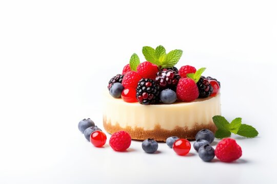 Cheesecake with fresh berries on white background