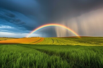 colorful arc in the sky contrasting with green fields. Generative AI