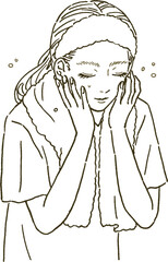 ビューティー　洗顔する女性の上半身のイラストレーション