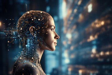 Futuristic android head, sleek, exposed wires, integrated nodes—a marvel blending human and tech in perfect convergence.