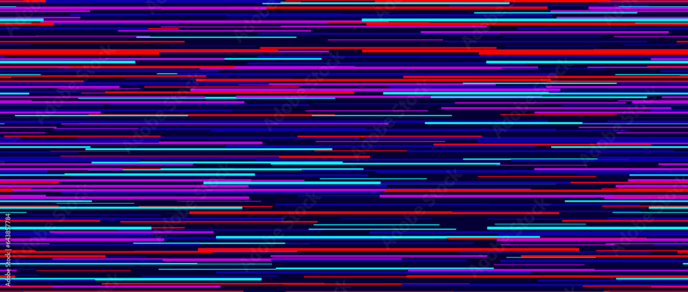 Poster Seamless colorful random lines pattern. Neon tv noise repeating pattern. Horizontal irregular lines background pattern. Glitch or failure concept wallpaper. Vector illustration.