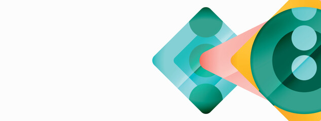 Trendy minimal geometric abstract background. Triangles, squares and circles bright colors backdrop. Vector Illustration For Wallpaper, Banner, Background, Card, Book Illustration, landing page