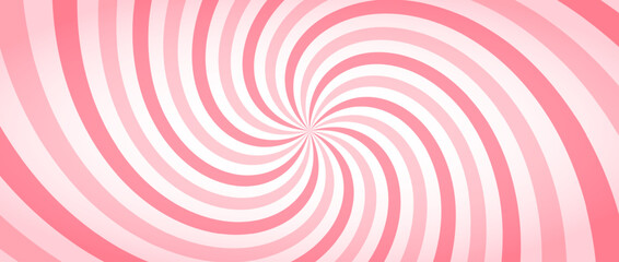 Candy color sunburst wallpaper. Abstract pink sunbeams design background. Spinning lines for template, banner, poster, flyer. Sweet rotating cartoon swirl, whirlpool. Vector warped backdrop