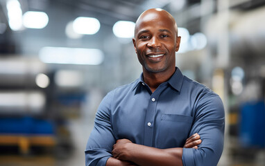 Black african american dark-skinned worker in a factory. Portrait of industrial worker indoors in factory. Technician with arms crossed, industrial construction industry,