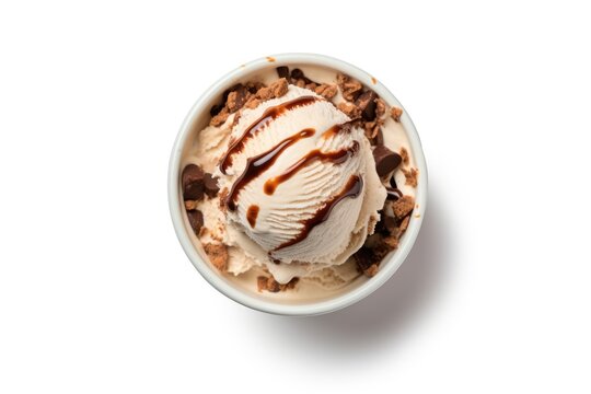 Top view of ice cream with chocolate and nuts in glass bowl isolated on white background