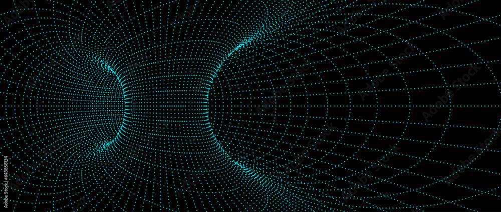 Poster Wormhole wireframe structure. Neon geometric dotted outline grid tunnel backdrop. 3D funnel or vortex texture. Blue dashed abstract energy lines on dark background. Vector illustration wallpaper