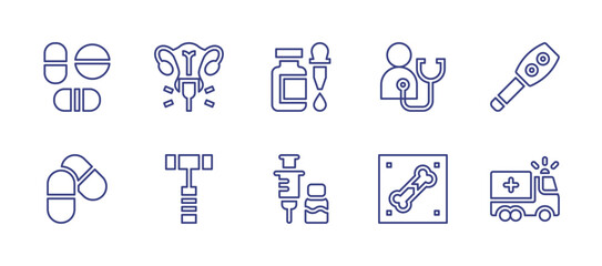 Medical line icon set. Editable stroke. Vector illustration. Containing pap smear, reflex hammer, pills, dropper, vaccine, stethoscope, ophthalmoscope, fracture, ambulance.