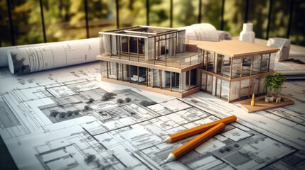 Architectural engineers, contractors, designers, drawing blueprints and construction work for architectural buildings in architect studios