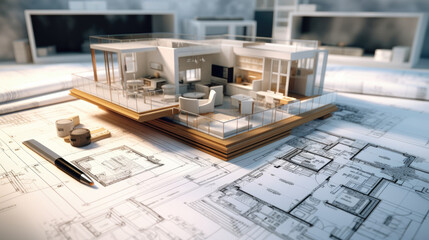 Architectural engineers, contractors, designers, drawing blueprints and construction work for architectural buildings in architect studios