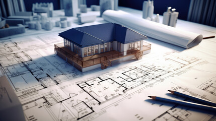 Architectural engineers, contractors, designers, drawing blueprints and construction work for architectural buildings in architect studios