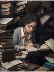 boring person overloaded with tasks in the middle of books