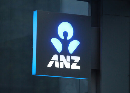 Sydney, NSW Australia - April 25 2021: Illuminated ANZ Bank signage