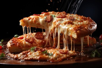 Slice of pizza falling into the air on a dark background.
