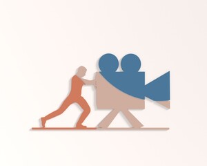 Businessman pushing retro camera. Movie production concept design. 3D render