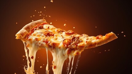 Slice of pizza falling into the air on a dark background.