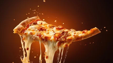Foto op Plexiglas Slice of pizza falling into the air on a dark background. © Mr. Muzammil