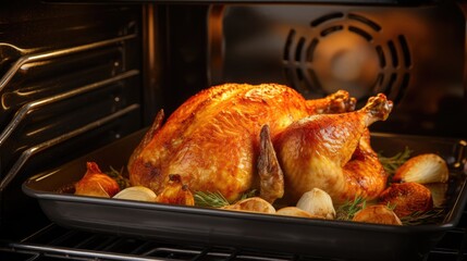 Fototapeta premium Roasted whole chicken in the oven