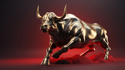 Bull market stock price rises, gold bull 3D rendering