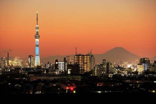 Fuji and Sky Tree at sunset, Japan,Chiba Prefecture,Ichikawa, Chiba,Kokufudai