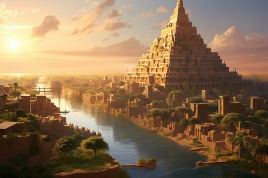 The ancient city of Babylon, featuring the iconic Tower of Babel and picturesque houses. Generative AI