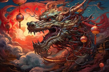 dragon image with oriental lanterns, in the style of hyper realistic illustrations, chinese new year 2024