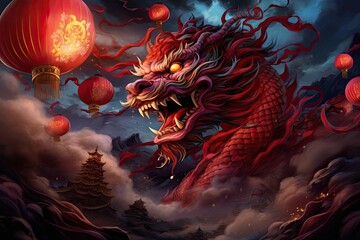 dragon image with oriental lanterns, in the style of hyper realistic illustrations, chinese new year 2024