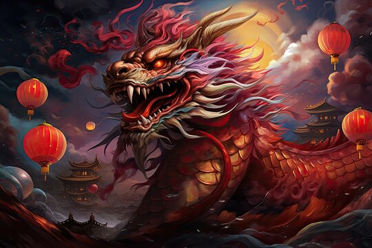 dragon image with oriental lanterns, in the style of hyper realistic illustrations, chinese new year 2024