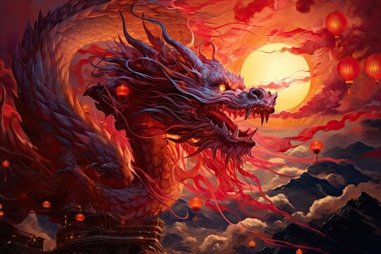 dragon image with oriental lanterns, in the style of hyper realistic illustrations, chinese new year 2024