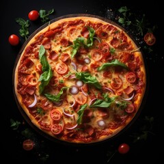 Pizza on a wooden background. Top view with copy space.